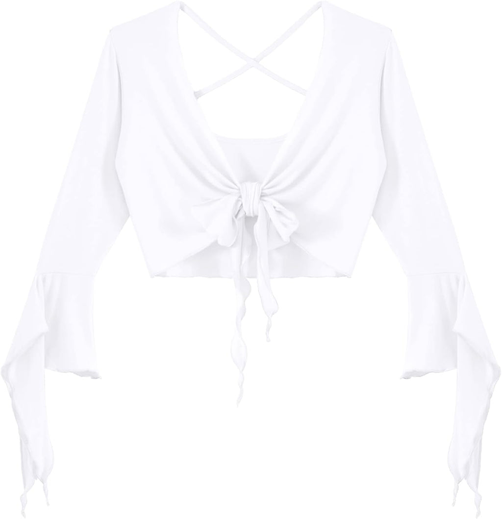 inlzdz Dam magdans topp 3/4 ärmar magfri blus topp cardigan med tofsar långärmad bolero Shrug topp rygglös crop top axeljacka festlig magdans kostym