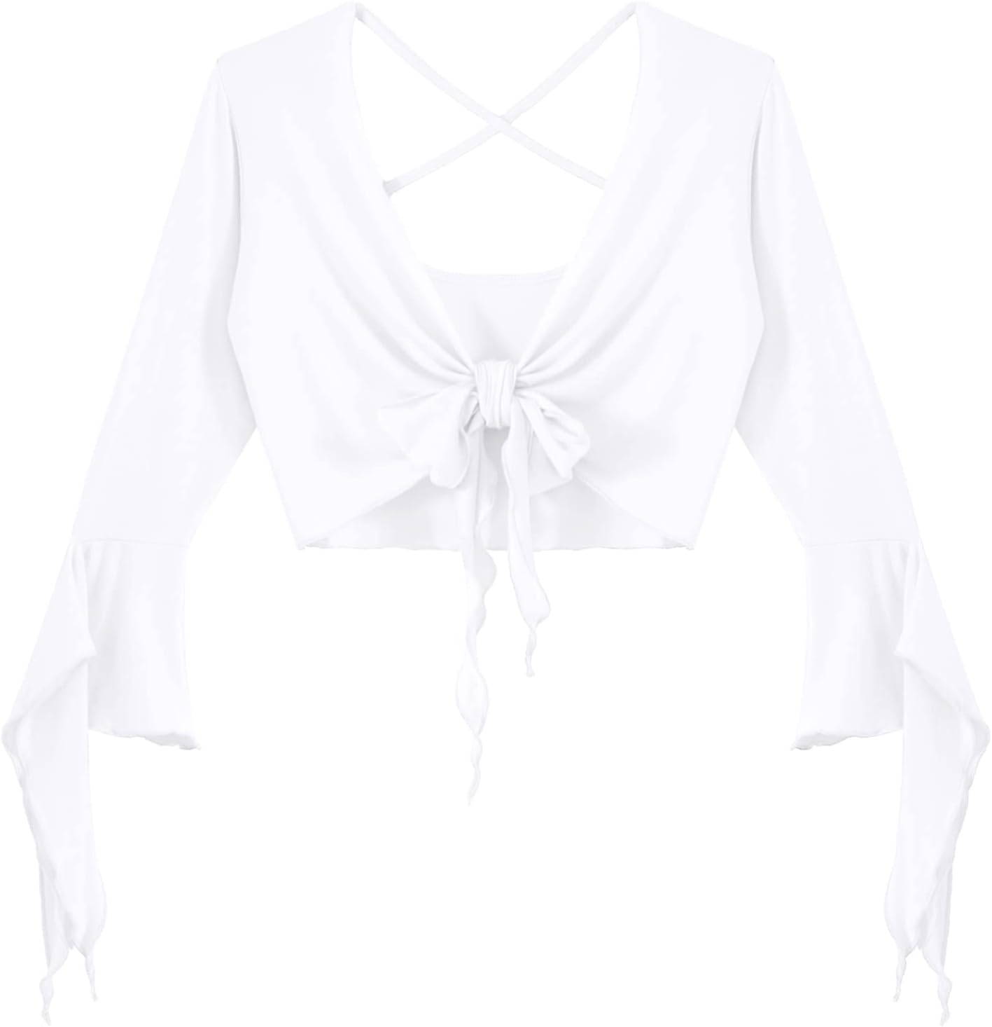 inlzdz Dam magdans topp 3/4 ärmar magfri blus topp cardigan med tofsar långärmad bolero Shrug topp rygglös crop top axeljacka festlig magdans kostym