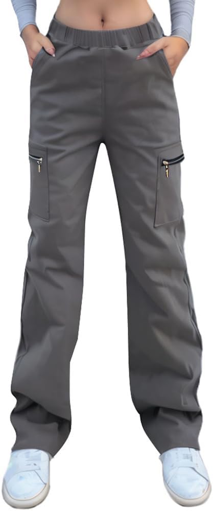 Nuofengkudu Dam breda ben stridsbyxor med blixtlåsfickor stretch hög midja arbete långa byxor lös passform loungekläder Y2K tonårstjejer streetwear ledig