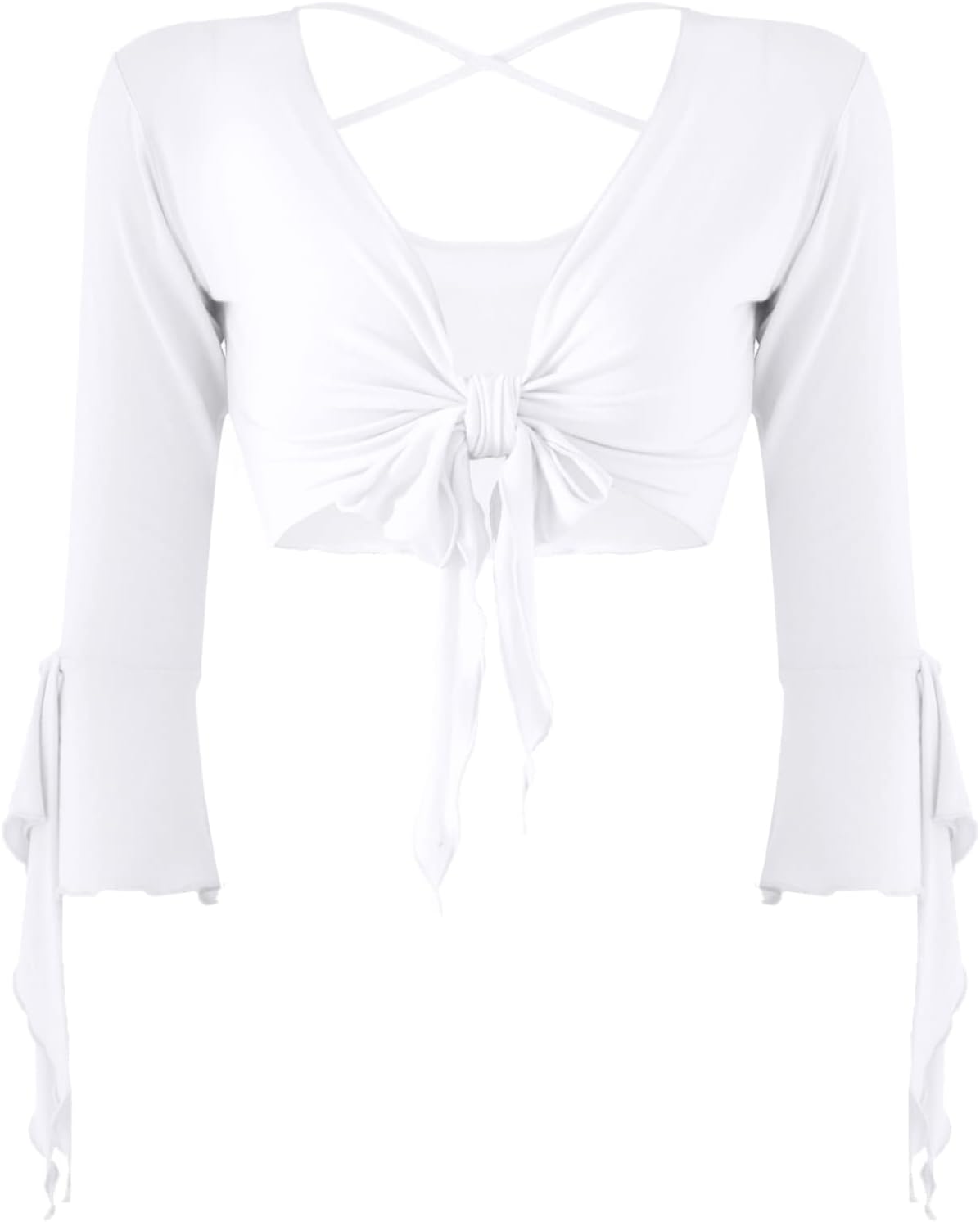 inlzdz Dam magdans topp 3/4 ärmar magfri blus topp cardigan med tofsar långärmad bolero Shrug topp rygglös crop top axeljacka festlig magdans kostym