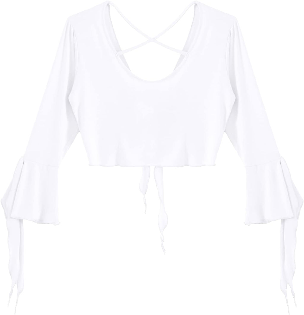 inlzdz Dam magdans topp 3/4 ärmar magfri blus topp cardigan med tofsar långärmad bolero Shrug topp rygglös crop top axeljacka festlig magdans kostym