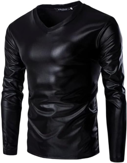 Glänsande vått utseende metalliska skjortor för män långärmad v-ringad t-shirt nattklubb scen t-shirt hiphop fest blus