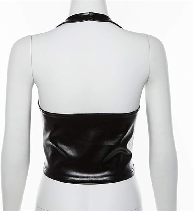 dam läder crop top – sommar topp sexig Y2K bustier topp med snörning och justerbara spagettiremmar PU-läder topp