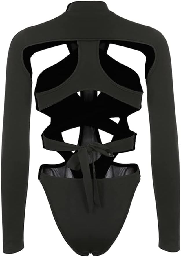 Generisk damer sexig ihålig out bodysuit långärmad svart party klubb rave festival techwear outfit