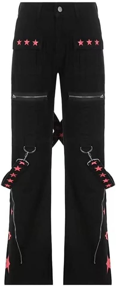 Kvinnor Y2k-jeans, gothstil, byxor i punkig emostil, säckiga, utsvängda jeans, breda ben, Harajuku grunge-byxor, hiphop-kläder