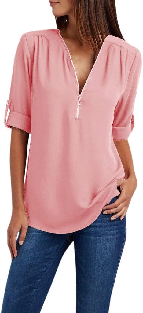 chiffongblus stora storlekar, toppar damer sommar elegant löst sittande blus damer lång damblus med dragkedja topp sommar damer t-shirt damer elegant sexig damer långärmad/kortärmad basic