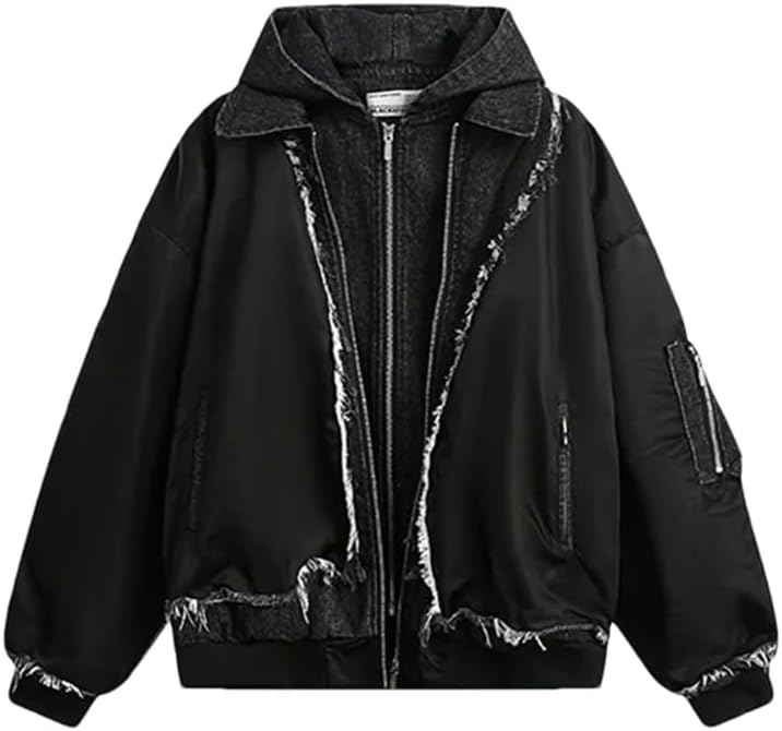 Fnfmrfmr Män Vintage Hip Hop Svarta Denim Jackor Tvättat Lappverk Dragkedja Casual Ytterkläder Rockar