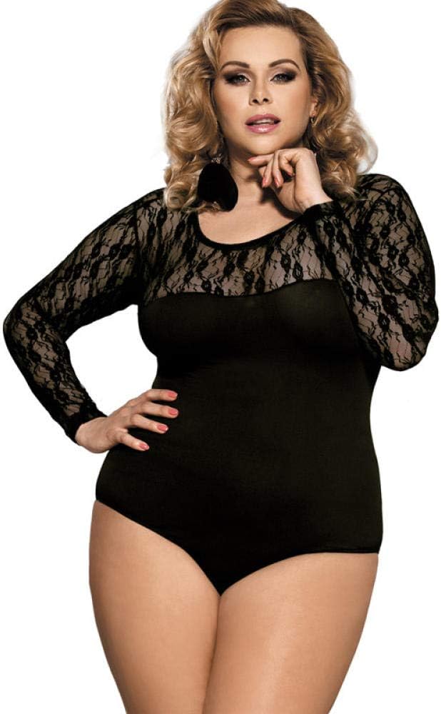 N/X Sexig Svart Spets Bodysuit Plus Size Långärmad Bodysuit Transparent Romper Dam Transparent Mesh Bodysuit