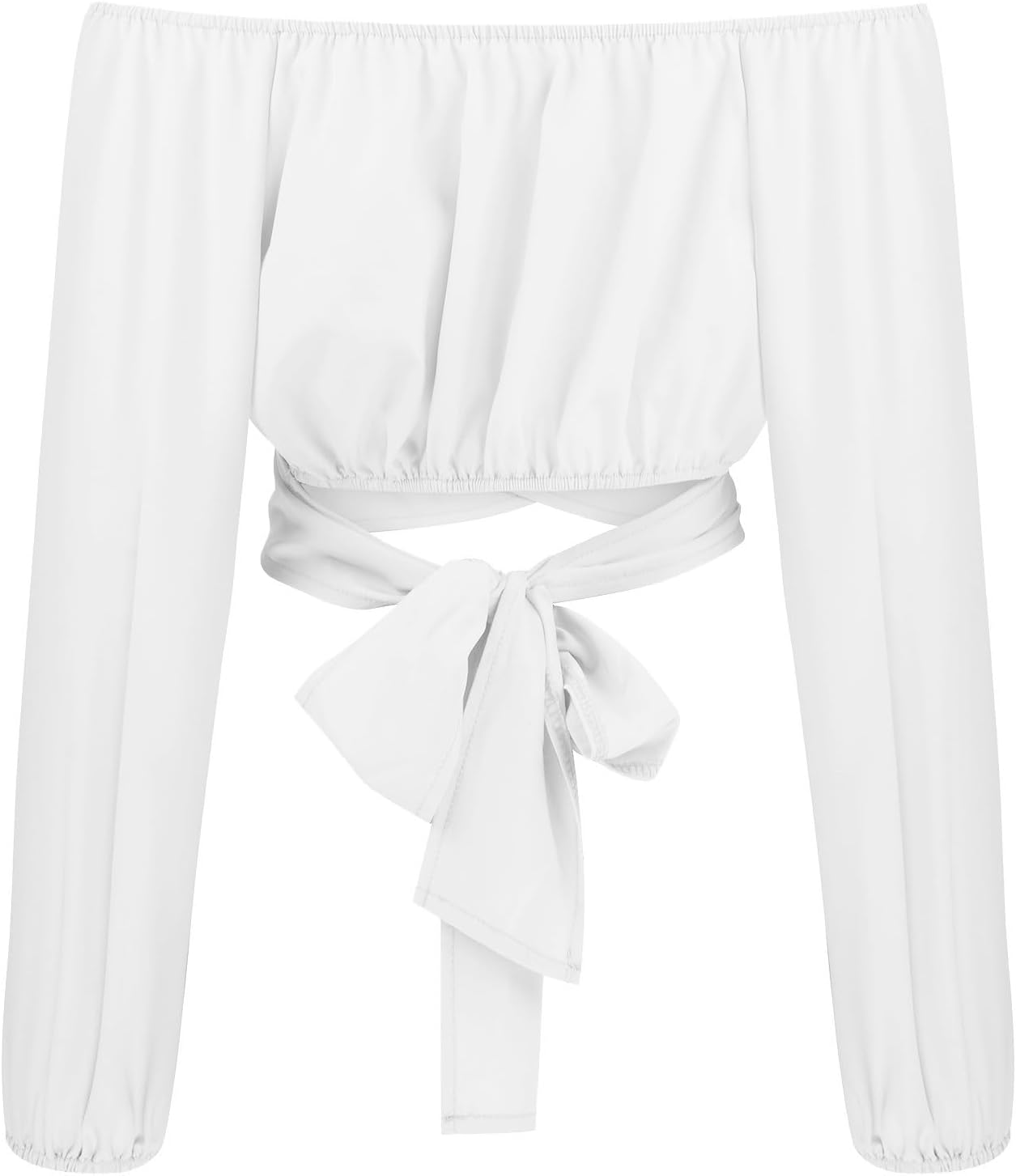 Off Shoulder Dam Crop Top Elegant Lanternärm Långärmad Rynkad Knytskärp Blus Sexy Shirt Semester Party Clubwear
