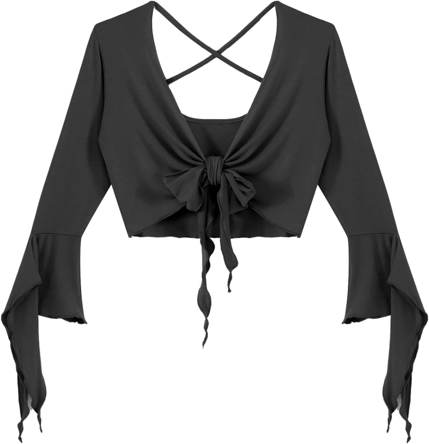 inlzdz Dam magdans topp 3/4 ärmar magfri blus topp cardigan med tofsar långärmad bolero Shrug topp rygglös crop top axeljacka festlig magdans kostym