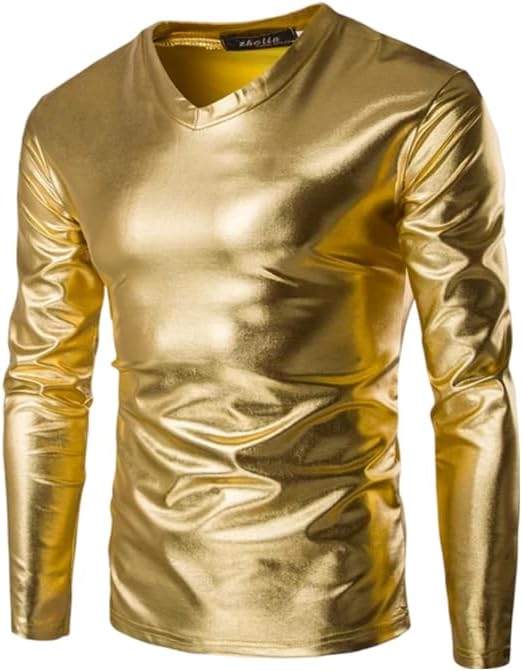 Glänsande vått utseende metalliska skjortor för män långärmad v-ringad t-shirt nattklubb scen t-shirt hiphop fest blus