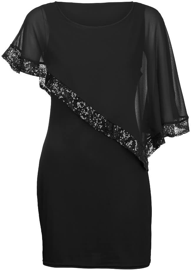 Kvinnors Sommarklänningar 2026 Kvinnor Plus Size Cold Shoulder Overlay Chiffong Axelbandslösa Paljetter Bomull Kortärmad Modeklänning