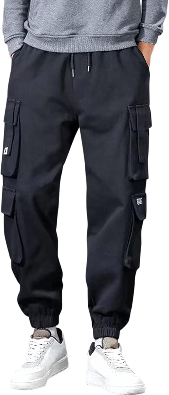 Cargobyxor herr bomull varma, herr fritidsbyxor med elastiskt band M-3XL, utomhusbyxor med fleecefoder lös passform, herrbyxor, smala ben, joggingbyxor, träningsbyxor med många fickor, termiska