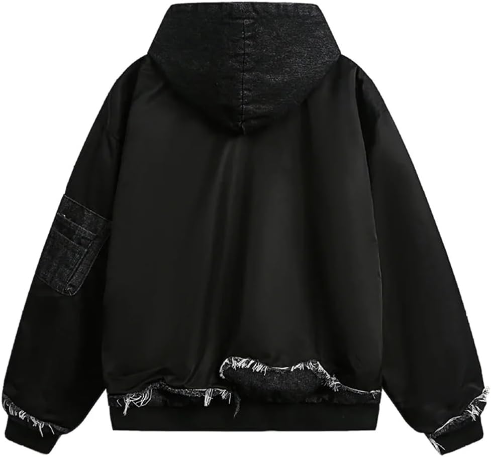 Fnfmrfmr Män Vintage Hip Hop Svarta Denim Jackor Tvättat Lappverk Dragkedja Casual Ytterkläder Rockar