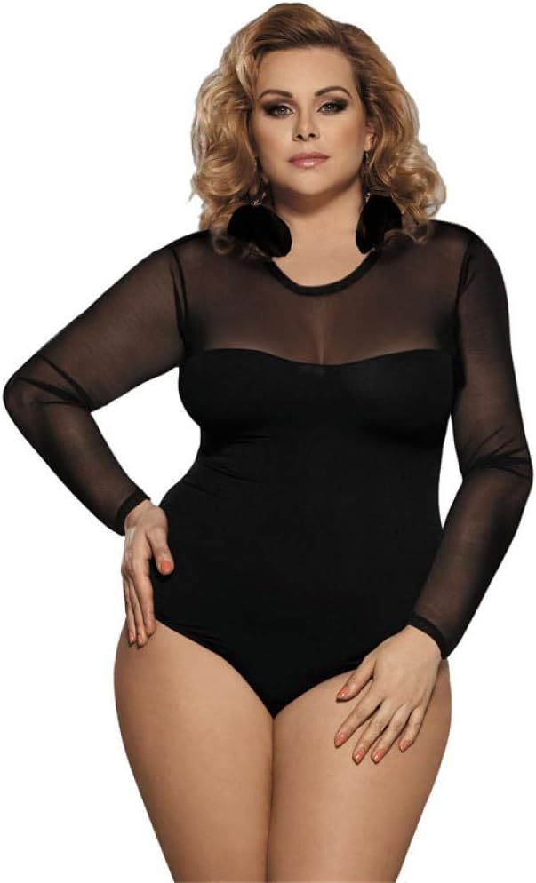 N/X Sexig Svart Spets Bodysuit Plus Size Långärmad Bodysuit Transparent Romper Dam Transparent Mesh Bodysuit