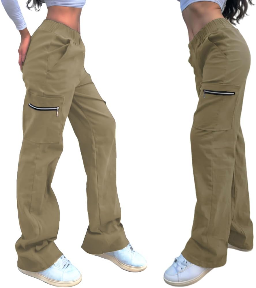 Nuofengkudu Dam breda ben stridsbyxor med blixtlåsfickor stretch hög midja arbete långa byxor lös passform loungekläder Y2K tonårstjejer streetwear ledig