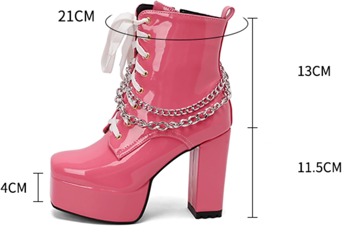 Goth Platåskor Boots för Dam, 11.5cm Blockklack Combat Boots med Kedja, Lackläder Platåstövlar Fyrkantig Tå med Dragkedja, Svart Vit Rosa
