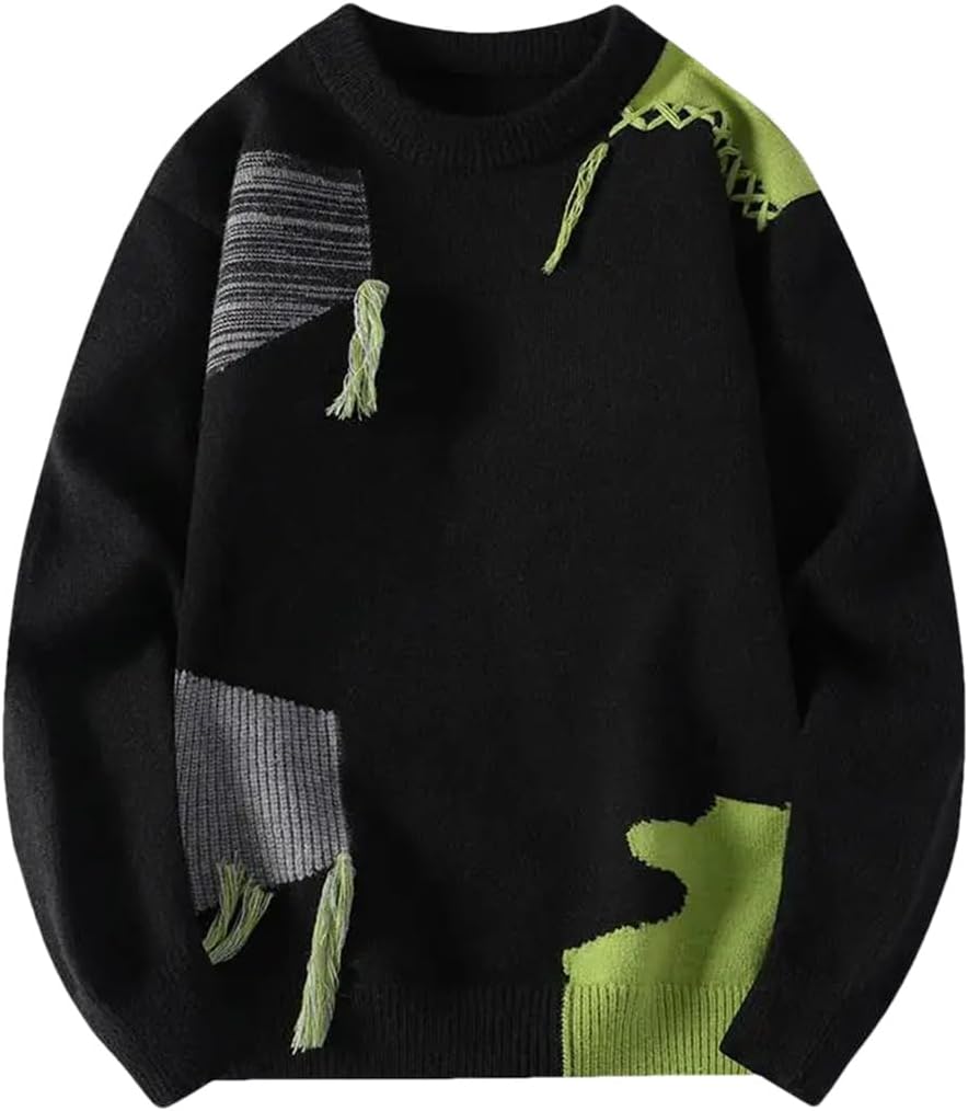 Fnfmrfmr Stickad herrtröja med lappverk rund hals varm hip-hop street pullover tröjor toppar