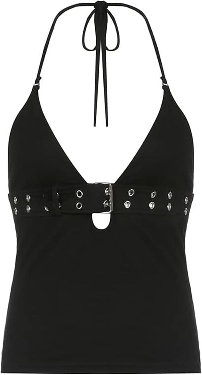 Emo Alt Goth Grunge linne, Y2k spaghetti rem linne toppar, sommar gotiska kläder rygglös väst