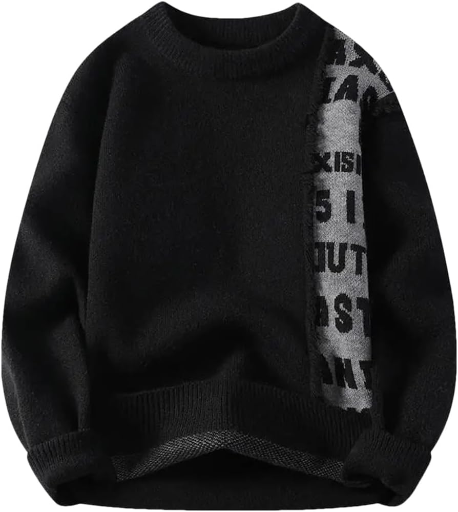 Fnfmrfmr Stickad herrtröja med lappverk rund hals varm hip-hop street pullover tröjor toppar