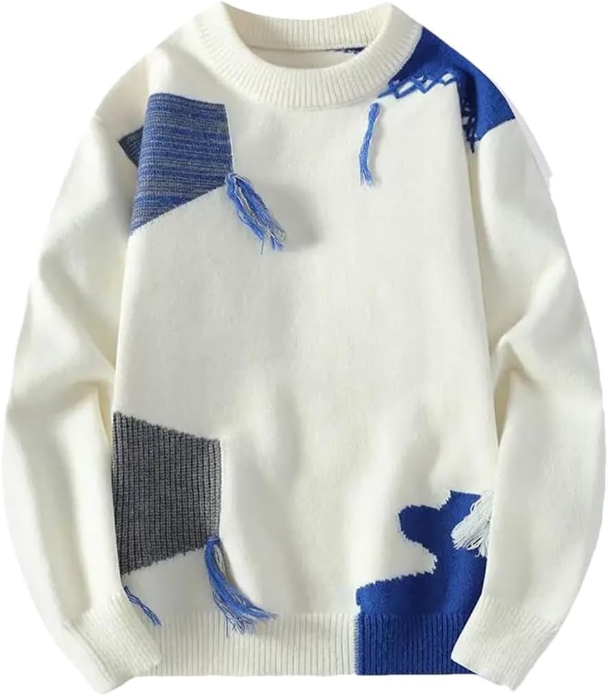 Fnfmrfmr Stickad herrtröja med lappverk rund hals varm hip-hop street pullover tröjor toppar