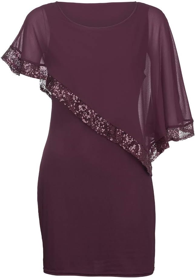Kvinnors Sommarklänningar 2026 Kvinnor Plus Size Cold Shoulder Overlay Chiffong Axelbandslösa Paljetter Bomull Kortärmad Modeklänning