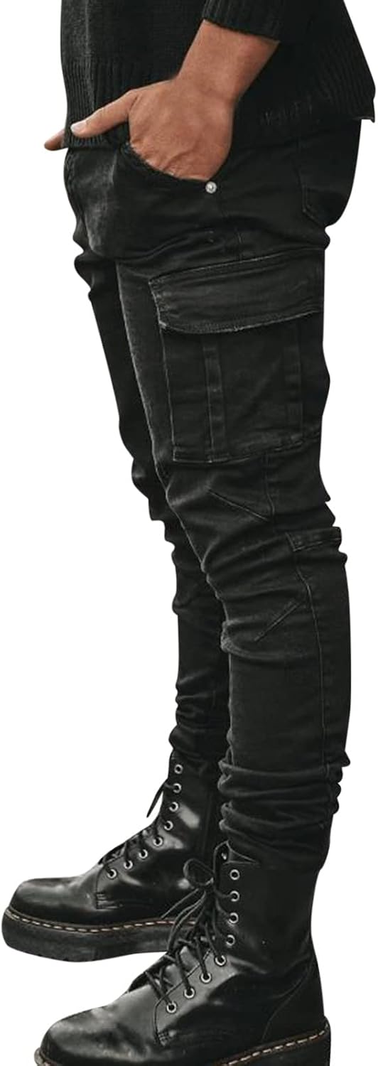 Herrjeans, stretchbyxor med raka ben, slim fit, stretchiga denim, byxor för män, slim fit, cargobyxor, techwear, svart