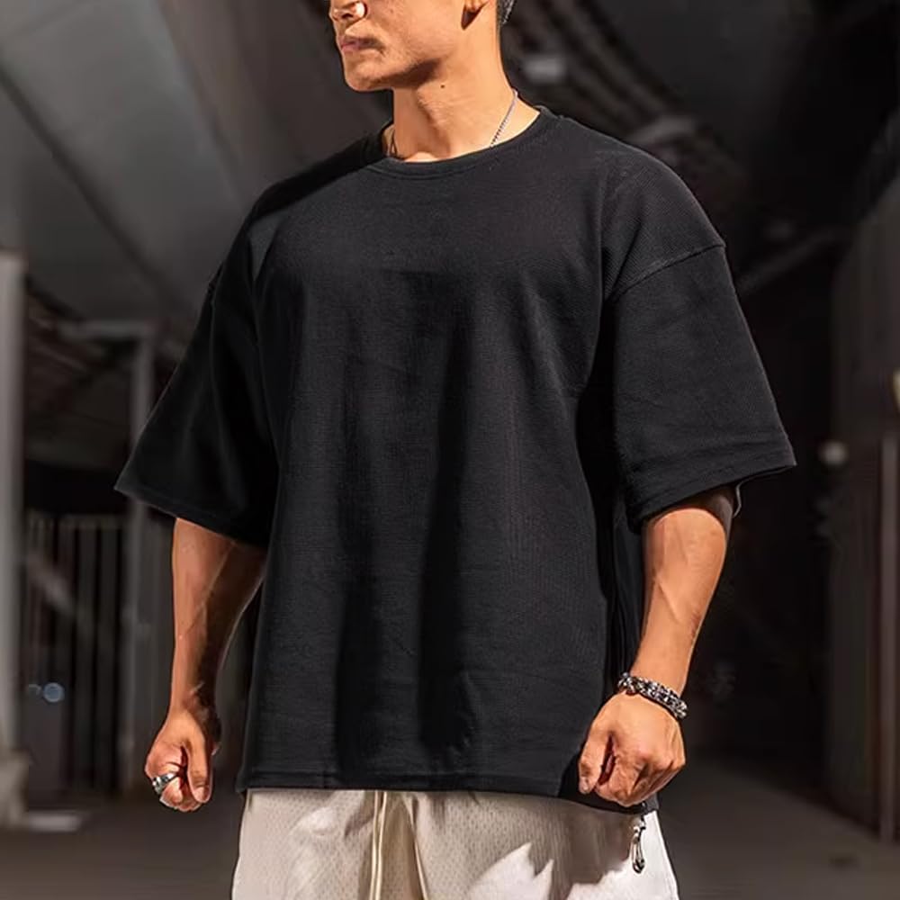 Muscle Alive Basic långärmad våffeltröja för män lös passform träning pullover rund hals skjorta
