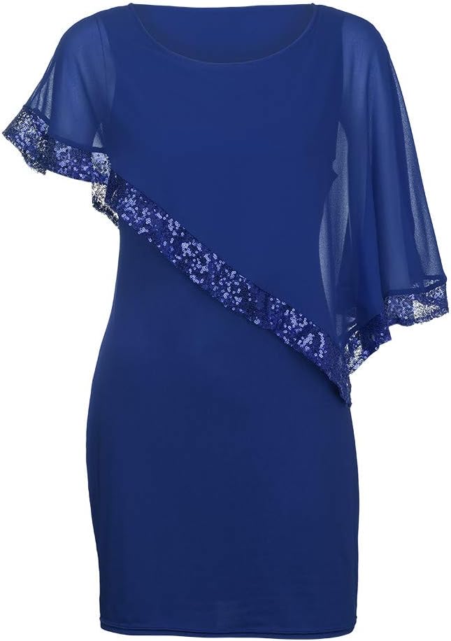 Kvinnors Sommarklänningar 2026 Kvinnor Plus Size Cold Shoulder Overlay Chiffong Axelbandslösa Paljetter Bomull Kortärmad Modeklänning