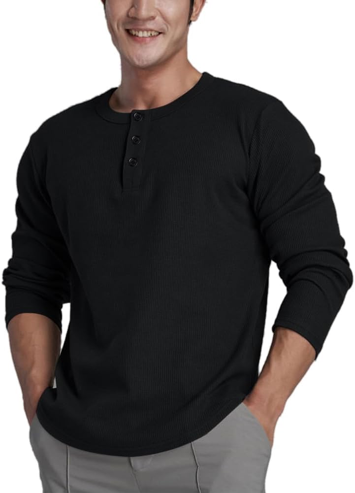 Muscle Alive Basic långärmad våffeltröja för män lös passform träning pullover rund hals skjorta
