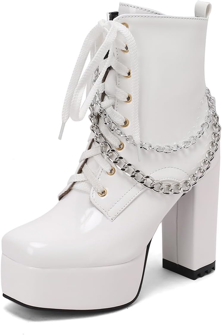 Goth Platåskor Boots för Dam, 11.5cm Blockklack Combat Boots med Kedja, Lackläder Platåstövlar Fyrkantig Tå med Dragkedja, Svart Vit Rosa
