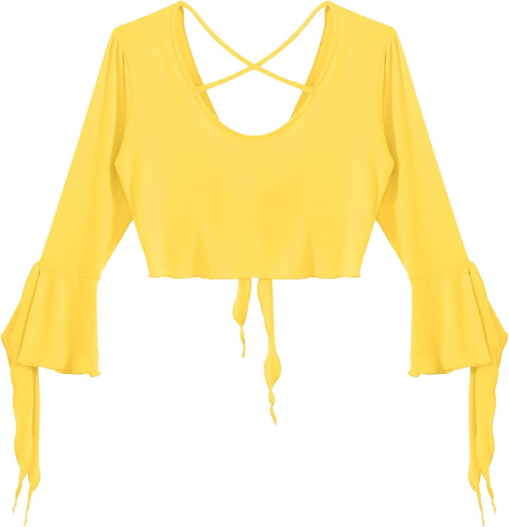inlzdz Dam magdans topp 3/4 ärmar magfri blus topp cardigan med tofsar långärmad bolero Shrug topp rygglös crop top axeljacka festlig magdans kostym