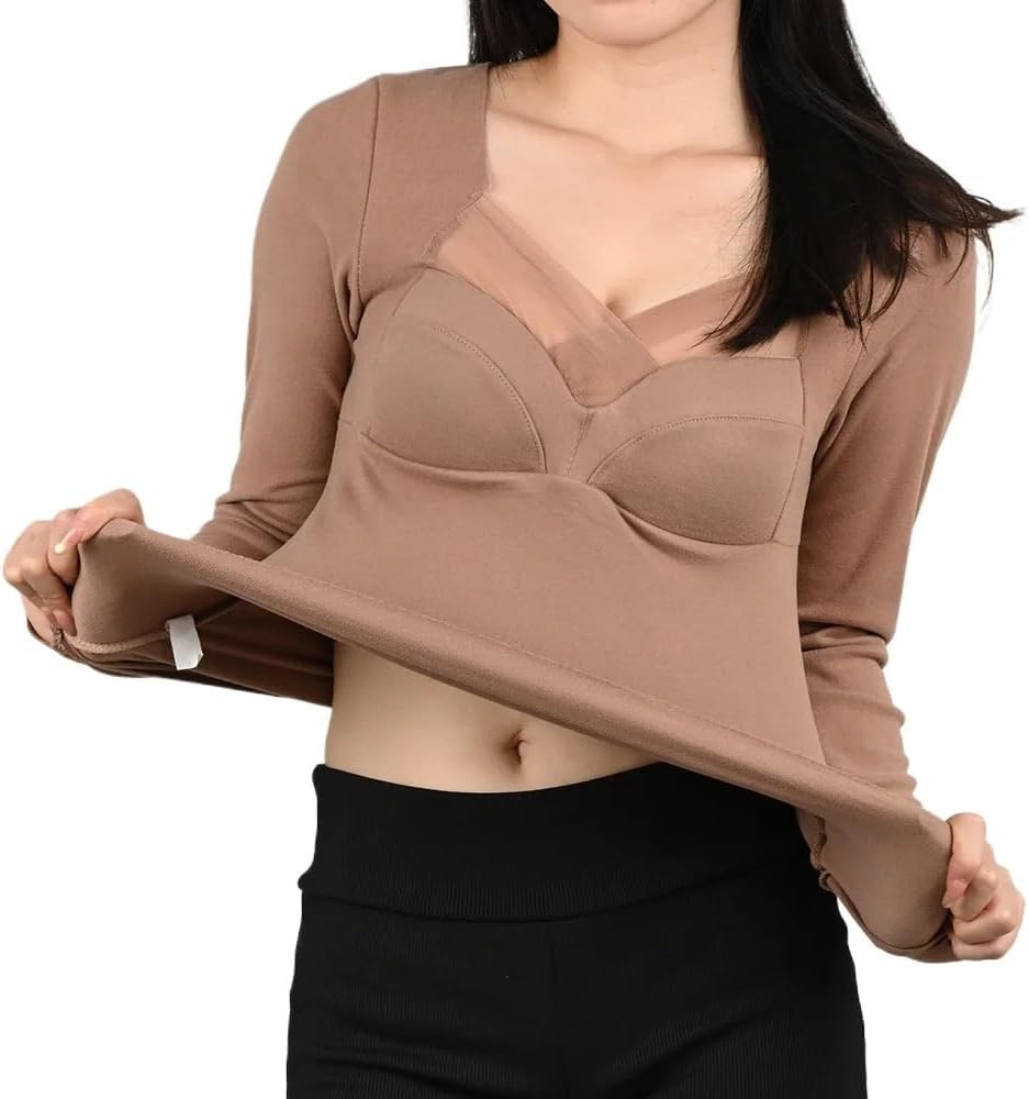 1 st Dam Termisk Underkläder Höst Vinter Långärmad T-shirt Med Inbyggda Vadderingar Dam Plus Size Varma Mjuka Underkläder
