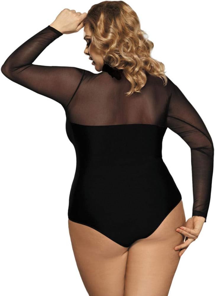 N/X Sexig Svart Spets Bodysuit Plus Size Långärmad Bodysuit Transparent Romper Dam Transparent Mesh Bodysuit