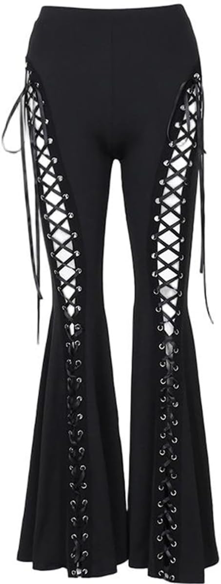 M&Catree Goth spets upp utsvängda byxor för kvinnor smala byxor streetwear Y2K Punk Vintage