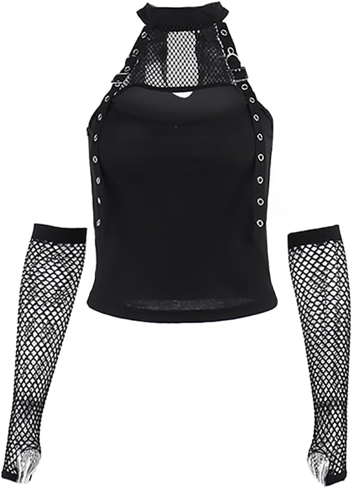 Damer crop top fisknät nät genombrutet nackhållare topp damer gotiska kläder damer