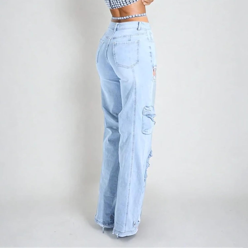 Kvinnor Baggy Ripped Jeans Strass High Waisted Cargo Jeans med Lockfickor Y2k Byxor med Vida Ben Streetwear Ripped Raka Jeans Sexiga Trendiga Jeans