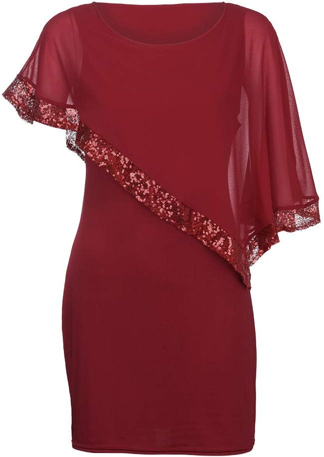 Kvinnors Sommarklänningar 2026 Kvinnor Plus Size Cold Shoulder Overlay Chiffong Axelbandslösa Paljetter Bomull Kortärmad Modeklänning