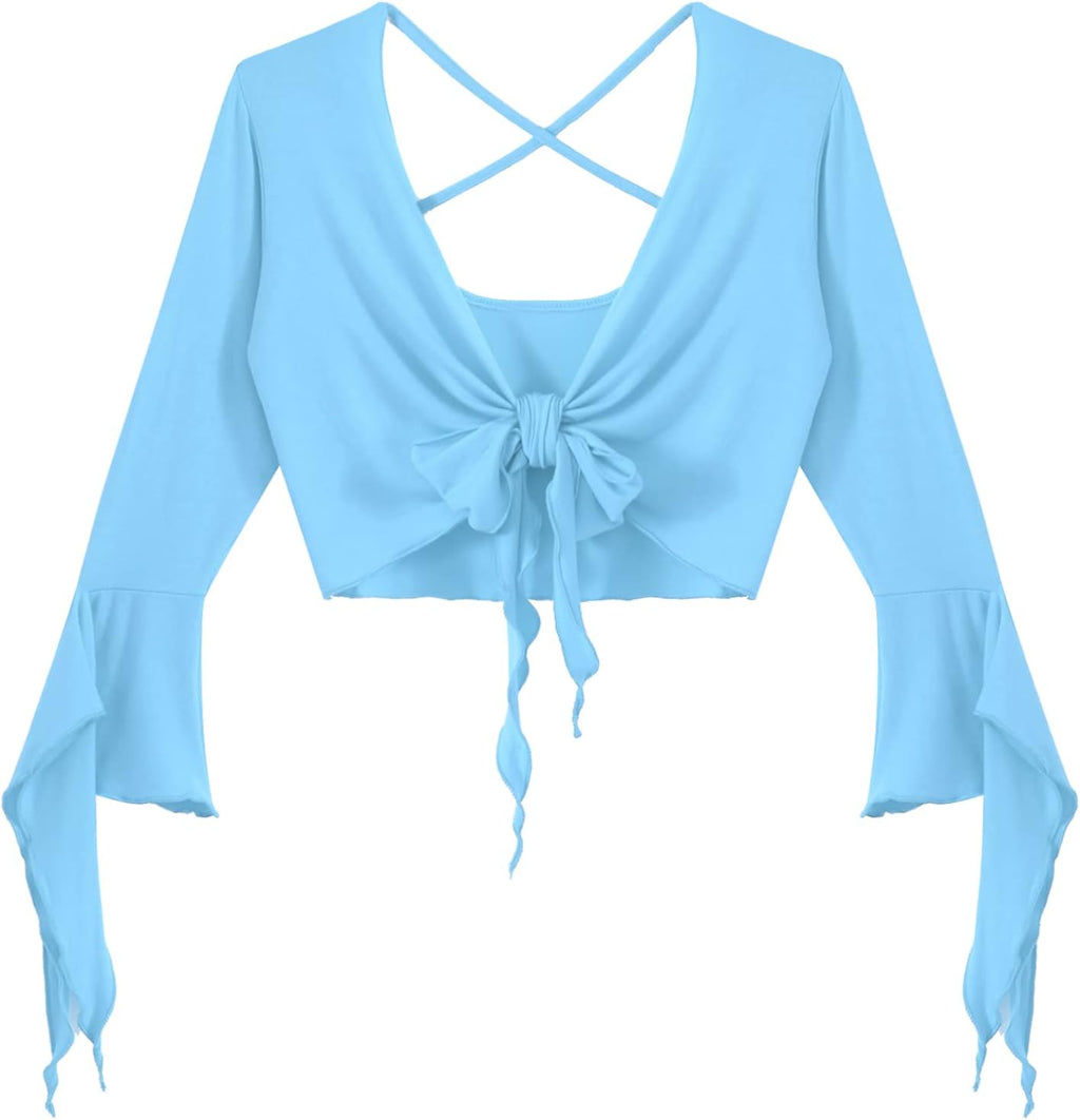 inlzdz Dam magdans topp 3/4 ärmar magfri blus topp cardigan med tofsar långärmad bolero Shrug topp rygglös crop top axeljacka festlig magdans kostym