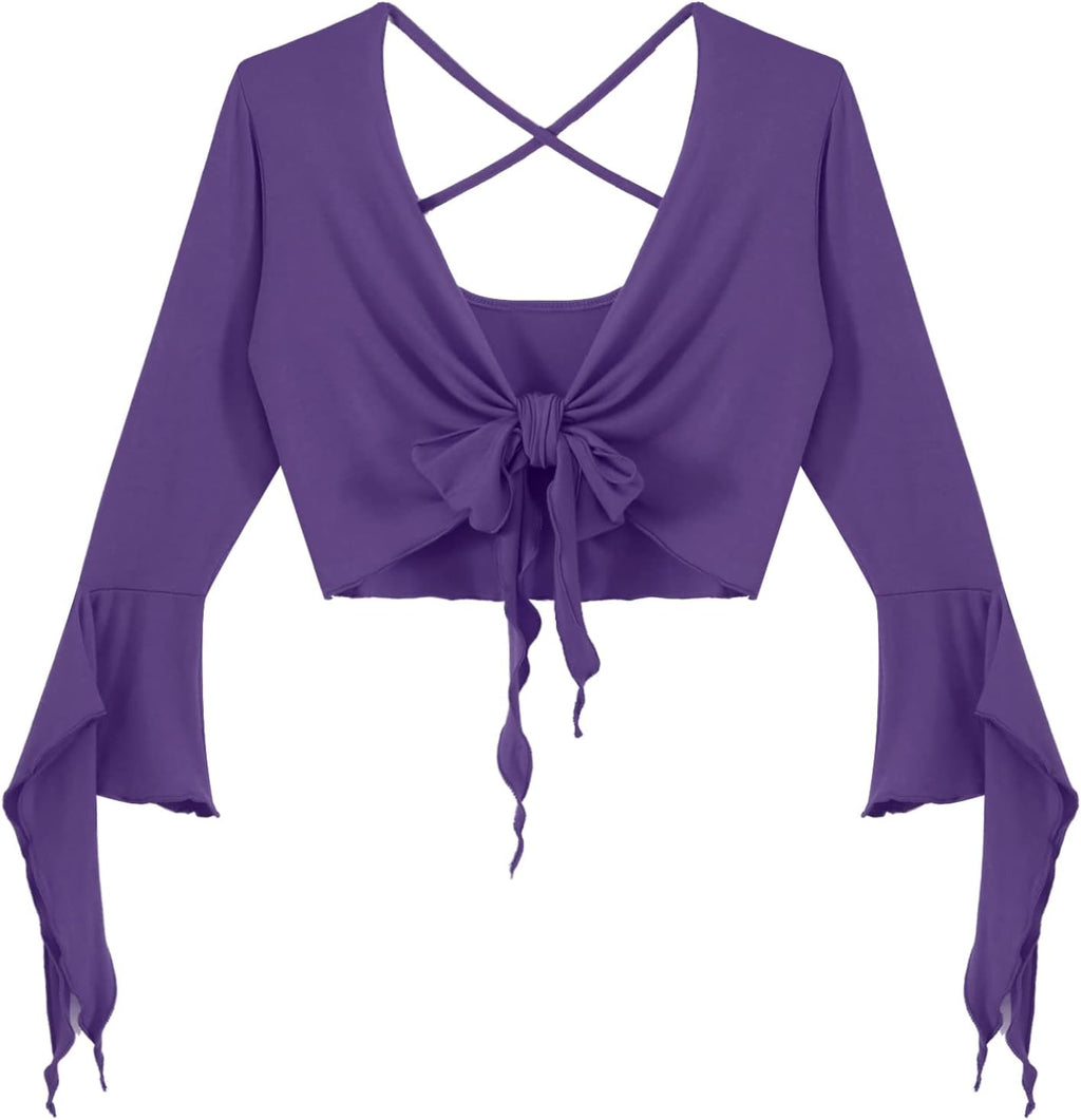 inlzdz Dam magdans topp 3/4 ärmar magfri blus topp cardigan med tofsar långärmad bolero Shrug topp rygglös crop top axeljacka festlig magdans kostym