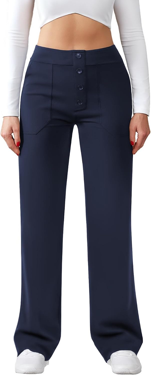 Friptspyg byxor dam hög midja breda byxor knapp raka ben byxor casual arbete byxor stretch yogabyxor med fickor