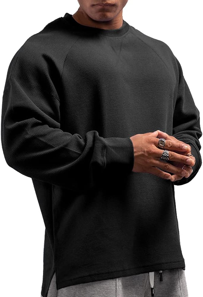 Muscle Alive Basic långärmad våffeltröja för män lös passform träning pullover rund hals skjorta