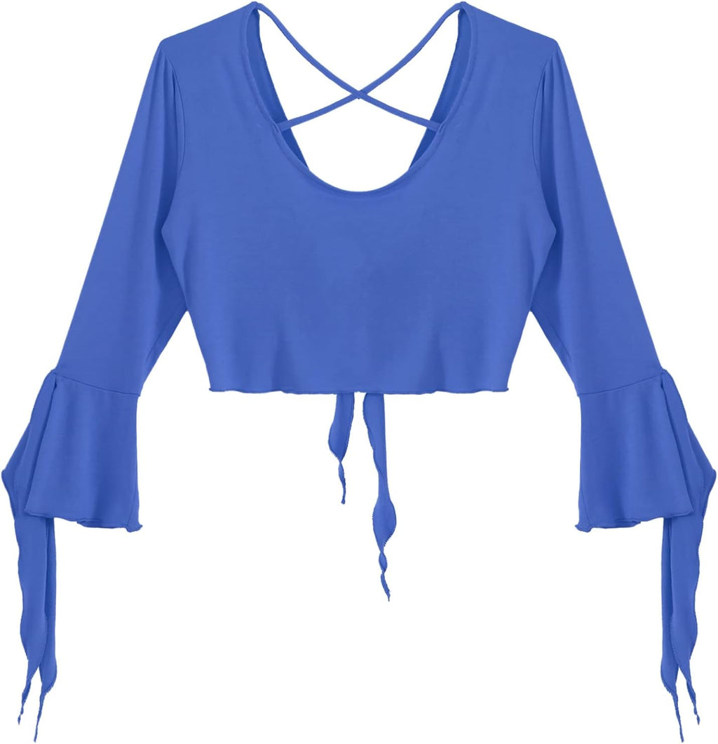 inlzdz Dam magdans topp 3/4 ärmar magfri blus topp cardigan med tofsar långärmad bolero Shrug topp rygglös crop top axeljacka festlig magdans kostym