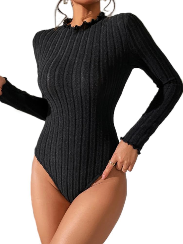 Generisk body damer långärmad elegant sexig basic stickad ribbad bodysuit jumpsuit tajt V-ringning polotröja dambody onepiece overall bodycon bodies bodysuit för kvinnor