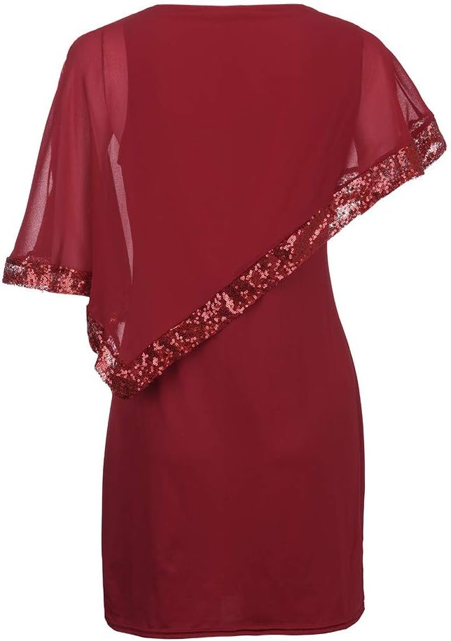 Kvinnors Sommarklänningar 2026 Kvinnor Plus Size Cold Shoulder Overlay Chiffong Axelbandslösa Paljetter Bomull Kortärmad Modeklänning