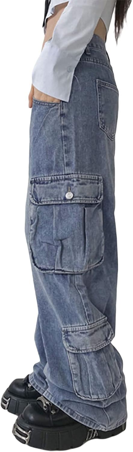 Kvinnor Y2k-jeans, gothstil, byxor i punkig emostil, säckiga, utsvängda jeans, breda ben, Harajuku grunge-byxor, hiphop-kläder