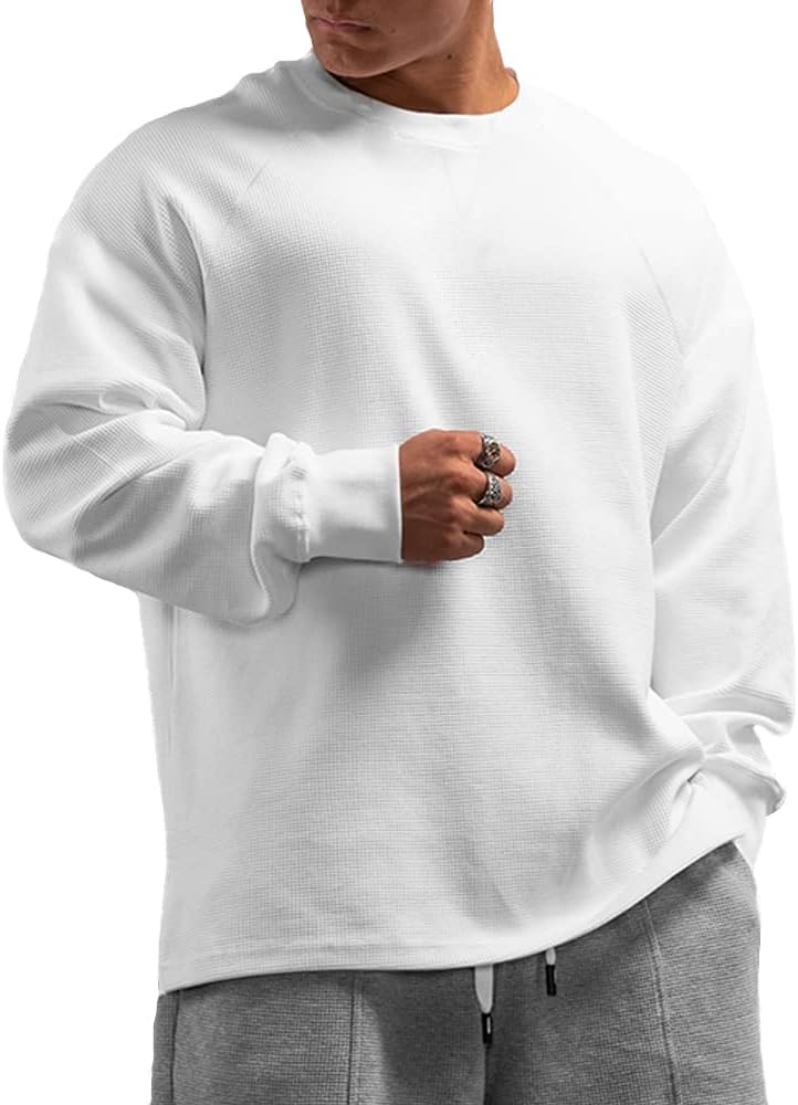 Muscle Alive Basic långärmad våffeltröja för män lös passform träning pullover rund hals skjorta