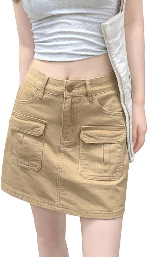 Dam Smal Last Denim Kjol Fodrad Låg Midja Sexig Mini Casual Mode A-Linje Streetwear Kjolar med Fickor