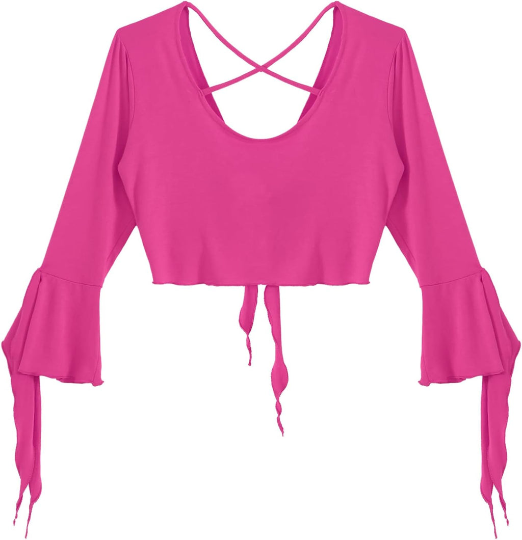 inlzdz Dam magdans topp 3/4 ärmar magfri blus topp cardigan med tofsar långärmad bolero Shrug topp rygglös crop top axeljacka festlig magdans kostym