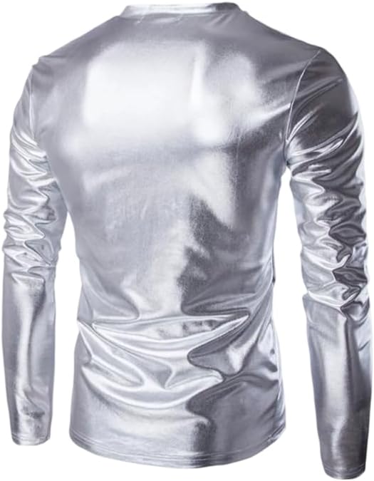 Glänsande vått utseende metalliska skjortor för män långärmad v-ringad t-shirt nattklubb scen t-shirt hiphop fest blus